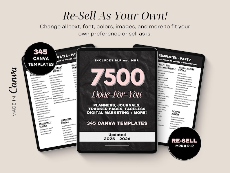 7500 Done for You PLR MRR Digital Canva Template Bundle, 2025 2026 ...