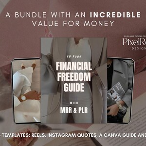 May include: A digital product bundle with a 40-page guide titled "Financial Freedom Guide" with MRR & PLR. The guide is shown on a phone screen with bonus templates for reels, Instagram quotes, a Canva guide, and more.