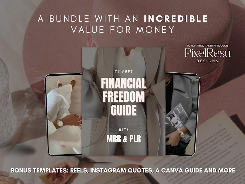 May include: A digital product bundle with a 40-page guide titled "Financial Freedom Guide" with MRR & PLR. The guide is shown on a phone screen with bonus templates for reels, Instagram quotes, a Canva guide, and more.