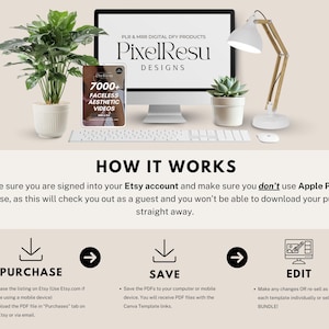 May include: A digital product listing for 7000+ Faceless Aesthetic Videos. The image shows a computer screen with the product title and a description of how to purchase and download the product. The image also includes a step-by-step guide on how to purchase, save, and edit the product.