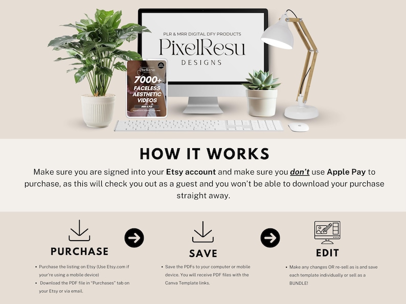 May include: A digital product listing for 7000+ Faceless Aesthetic Videos. The image shows a computer screen with the product title and a description of how to purchase and download the product. The image also includes a step-by-step guide on how to purchase, save, and edit the product.
