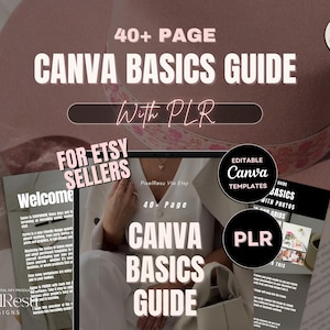 Puede incluir: Una maqueta de producto digital que presenta una guía de Canva Basics con PLR para vendedores de Etsy. La guía tiene más de 40 páginas e incluye plantillas de Canva editables. La imagen presenta un sombrero rosa, una pantalla de computadora portátil y una bolsa blanca.
