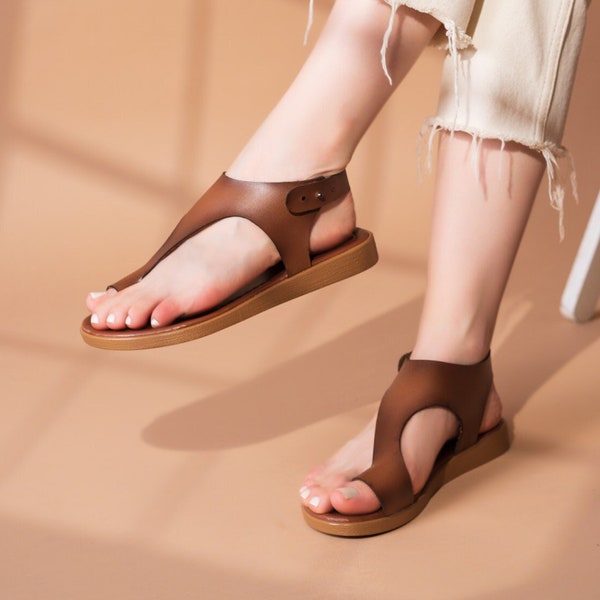 ANCIENT FLIP FLOPS, Brown Flip Flops Sandals, Ancient Greek Sandals, Gladiator Sandals for Women's, Genuine Leather Shoe, Flat Thong Sandals