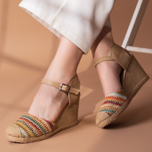 HUARACHE WEDGE SANDALS, Mexican Style Wedge Heels Huaraches Shoes, Colourful Espadrilles Huaraches Sandals, Comfort Wedge Heels Summer Shoes