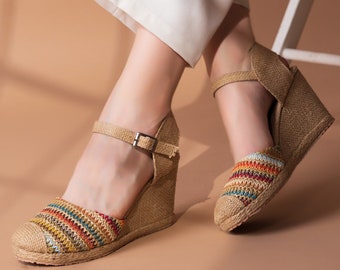 HUARACHE WEDGE SANDALS, Mexican Style Wedge Heels Huaraches Shoes, Colourful Espadrilles Huaraches Sandals, Comfort Wedge Heels Summer Shoes