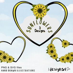 Arte vectorial de girasol, corazón de girasol, ramo de girasol, vector floral, arte vectorial de flores, borde de girasol, adornos florales vectoriales.