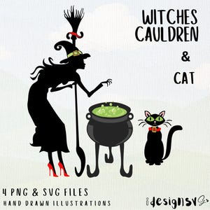 Witch clipart, Witch silhouette, Broom clipart, Black cat clipart, Cauldron clipart, Witch vector, Halloween clipart, Witch PNG, Cauldron