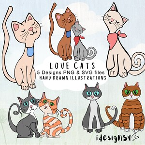 Cat couple, Cute cat couple, Black and white cat clipart, Cat vector art , Kitten clipart, Orange tabby cat, Ginger cat, Valentines day.