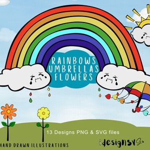 Rainbow clip art, Sun vector, Cloud clipart, Clouds vector, Umbrella Clip art, Rainbow umbrella, Flower Vector, Sun clipart, Cute umbrella.