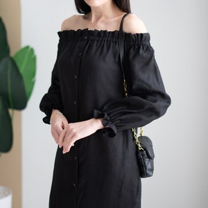 linen spring cottagecore dress, midi black summer dress, cocktail white dresses for woman, boho linen clothing