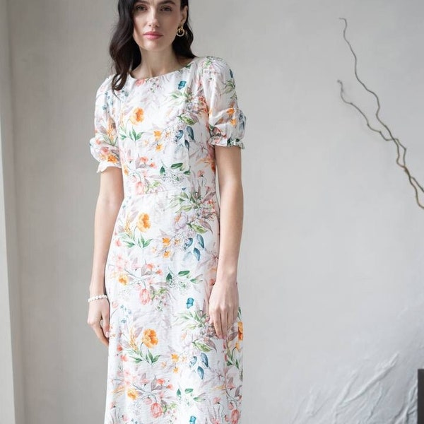 Summer Midi Dress for Women, Boho Linen Maxi dress, Floral Girl Dress, Elegant Viscose Clothing