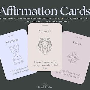 May include: Affirmation cards with the words "Presence", "Courage", and "Focus". Each card has a unique design and inspirational text. The cards are designed for mindfulness, yoga, Pilates, and self-care rituals.