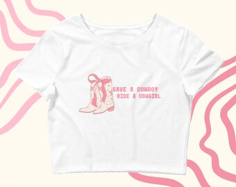 Cowgirl Ride a Cowboy Cropped Top, Western Inspired Shirt, Cowgirl Fashion, Rodeo Chic, Coquette Tee, Baby Tee, Pink Bows, Girly Western