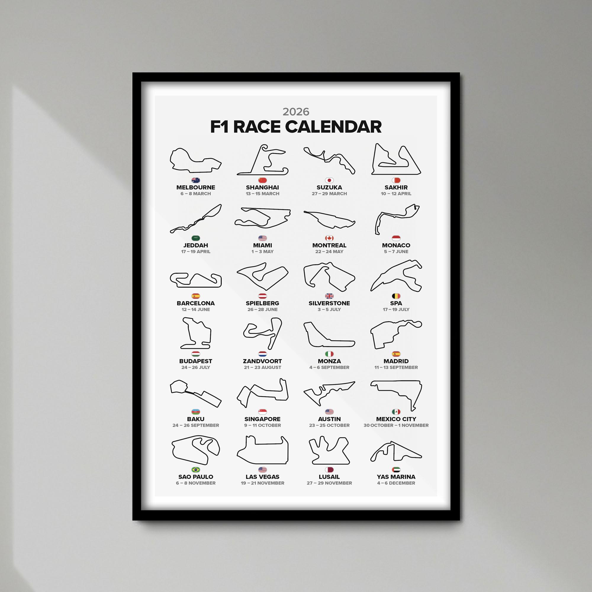 F1 2026 Wall Calendar Print | Formula One Grand Prix Poster | Birthday  Christmas Gift for Motor Racing Fan | Unframed