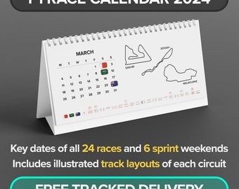 F1 2024 Desktop Calendar | Formula One Grand Prix Circuits | Race Tracks Desk Calendar | Christmas Birthday Gift for Motor Racing Fan