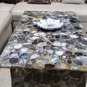 Polished Agate Stone Coffee Table | Luxury Gemstone Center Table | Handcrafted Crystal Agate Furniture for Living Room, AGATE TABLE TOP
