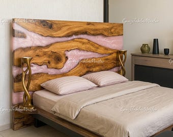 Live Edge Wood Headboard with Pink Epoxy Resin | Custom King Queen Bed Headboard | Handmade Luxury Bedroom Furniture | Handmade Luxury Wall