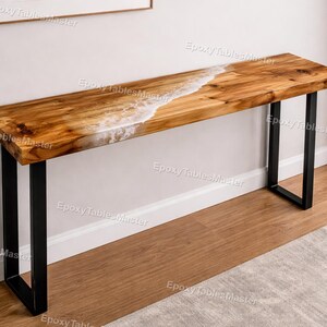 Tavolo consolle Ocean River in resina epossidica bianca / Tavolo da corridoio in legno con bordo naturale / Tavolo d'ingresso stretto / Tavolo consolle in resina Wave ispirato ai mobili da spiaggia