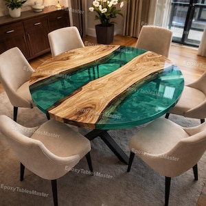 Green Resin River Table Round, Live Edge Wood Dining Table, Custom Epoxy Furniture, Modern Kitchen Tabletop Only, Handmade Wood Resin Table