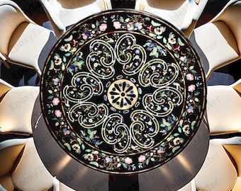 Black Marble Inlay Round Table Top – Multicolor Gemstone Pietra Dura Floral Mosaic | Handmade Agra Marble Art | Luxury Dining Table Decor