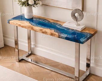 Blue Epoxy River Console Table – Live Edge Wood Hallway Table, Ocean Inspired Resin Furniture table   Blue Resin Console Table – table top