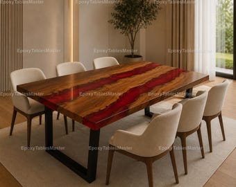 Handmade Red Epoxy River Dining Table Top, Live Edge Wood Resin Table, top Luxury Modern Dining Room Furniture Red Epoxy River Table Top,