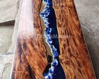 Ocean Blue Epoxy Resin Table: Live Edge Wood Dining or Coffee Table