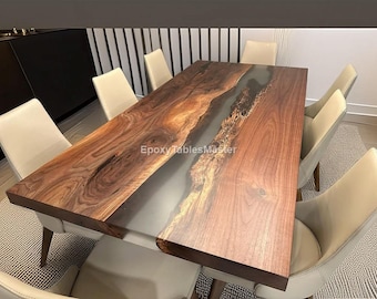 ライブエッジ ウォールナット エポキシ リバー ダイニング テーブル – ハンドメイド樹脂木材高級家具 モダン エポキシ樹脂リバー テーブル