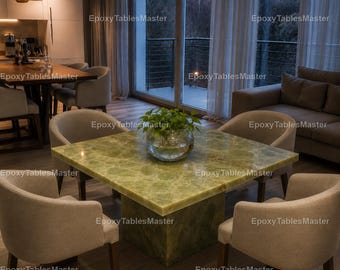 Luxury Green Onyx Dining Table – Square Marble Dining Table with Pedestal Base, Modern Stone Dining Room Furniture Green Onyx Marble Dining