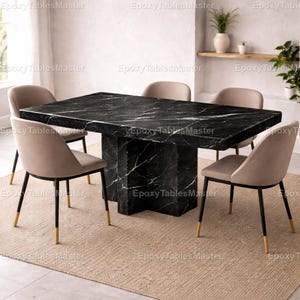 Mesa de comedor de mármol Black Spider, mesa estilo Nero Marquina, mesa de comedor de piedra de lujo, mesa de cocina con base de pedestal, muebles modernos a medida.
