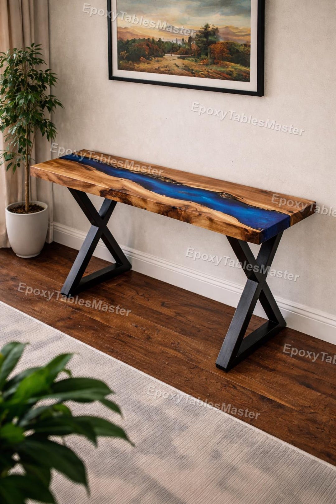 Live Edge Walnut River Console Table | Blue Epoxy Entryway Table ...