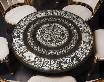 Round Black Marble Inlay Table Top • Mother of Pearl & Gemstone Pietra Dura Art • Luxury Dining Table • Handmade Agra Marble Mosaic