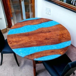 Round Blue Epoxy Table | Live Edge Wood & Ocean Resin Table | Handmade Custom Coffee or Side Table | Modern Resin Furniture, epoxy table top