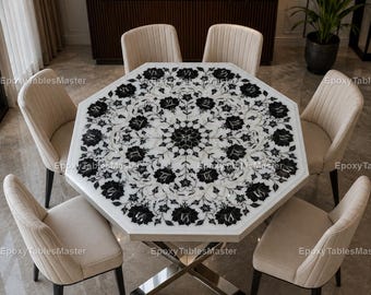 Luxury Black Floral Marble Inlay Dining Table Top | Handmade Octagonal Pietra Dura Marble Table | Taj Mahal Inspired Stone Art Dining Table
