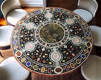 Round Black Marble Inlay Table Top – Multicolored Pietra Dura Gemstone Mosaic – Italian Florentine Style Marble Dining Table – Handmade Agra