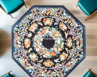 Black Marble Inlay Table Top | Pietra Dura Floral Mosaic Art