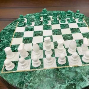 Handmade Malachite Marble Chess Set: Round Stone Board, White Onyx Pieces
