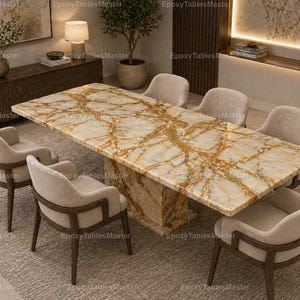 Honey Onyx Dining Table, Luxury Stone Dining Table with Gold Veining, Rectangular Marble Table, Modern Base , Rectangular Stone Dining Table