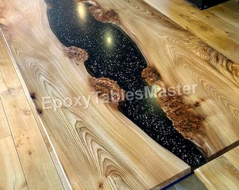 Black Epoxy River-tafelblad: houten eetkamerbureau met geslepen rand