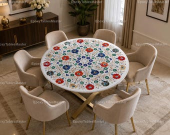 Luxury Marble Inlay Round Dining Table Top | Handmade Blue Floral Pietra Dura Marble Coffee Table | White Marble Center Table Decor top