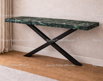 Green Spider Marble Console Table – Luxury Stone Entryway Table with Black X Base – Modern Hallway Furniture Decor Green Spider Marble Table