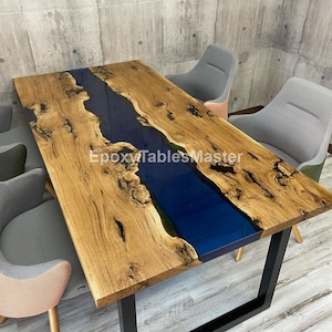 Blue Epoxy River Table Top – Rectangular Live Edge Dining Table – Handmade Resin Wood Furniture – Custom Acacia or Teak Epoxy Desk