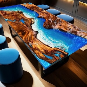 Handmade Ocean Resin River Dining Table – Live Edge Wood & Blue Epoxy
