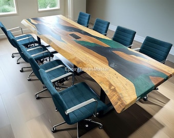 大型エポキシリバー会議テーブル、ライブエッジウッド＆レジン役員会議テーブル、手作りライブエッジエポキシ樹脂ダイニングテーブル