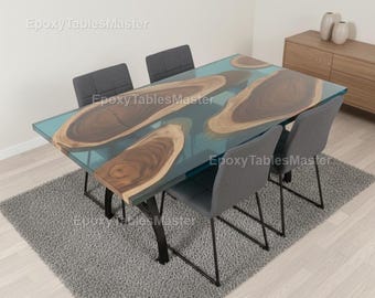 Stół jadalny Blue Epoxy River | Stół z drewna i żywicy Live Edge | Ręcznie robione, nowoczesne meble do jadalni i konferencji Stół Blue Epoxy River z żywicy Live Edge