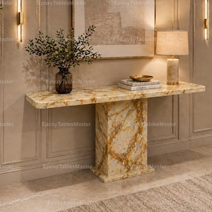 Luxury Honey Onyx Console Table – Golden Stone Entryway console Table – Marble Hallway Furniture table – Modern Sofa Table Console Table