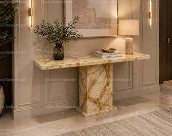 Consolle di lusso in onice color miele – Consolle da ingresso in pietra dorata – Tavolino da corridoio in marmo – Consolle moderna da divano