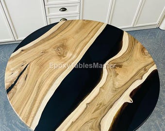 Handmade Round Black Epoxy Resin Table – Live Edge Wood Coffee Table