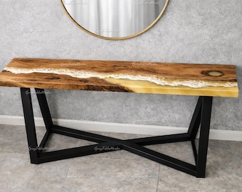 Yellow Ocean Wave Epoxy River Console Table Top, Live Edge Wood Resin Console, Tabletop Handmade Yellow Epoxy Ocean Wave Console Table Top,