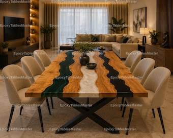 Luxury Olive Wood Epoxy River Dining Table Top | Emerald Green & Pearl White Resin Table | Live Edge Dining Table Green Epoxy River Table |